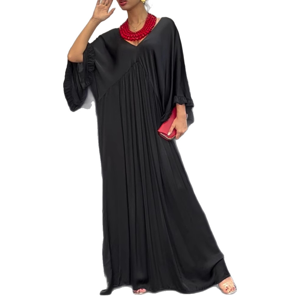 Fashion Casual Satin Ruffle Sleeve Pleated Dress Long Dress - Image 6