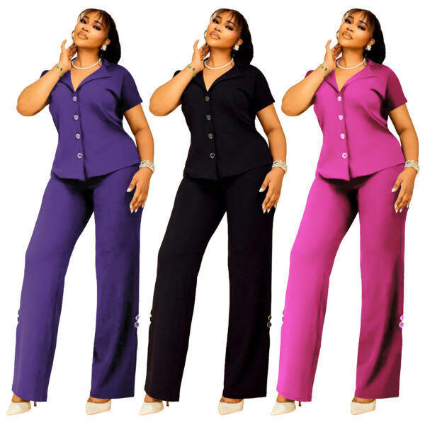 Short Sleeve Button Solid Color Backless Loose Two-piece Suit - Image 6