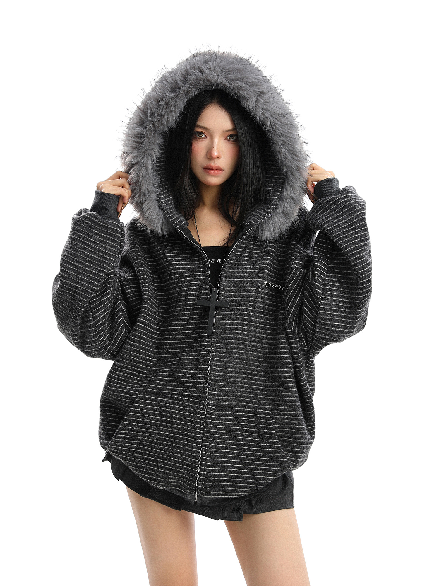 American Striped Detachable Big Fur Collar Hooded Sweater - Image 2
