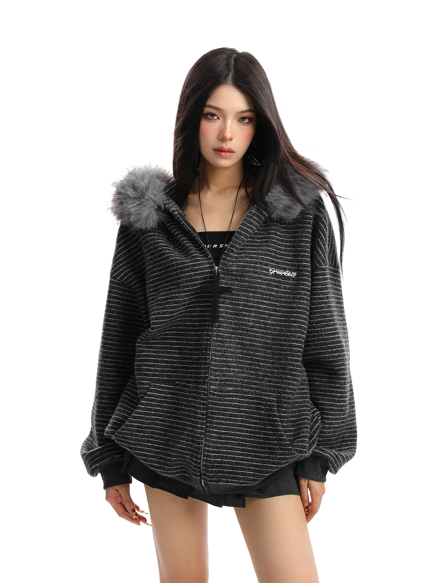 American Striped Detachable Big Fur Collar Hooded Sweater - Image 7