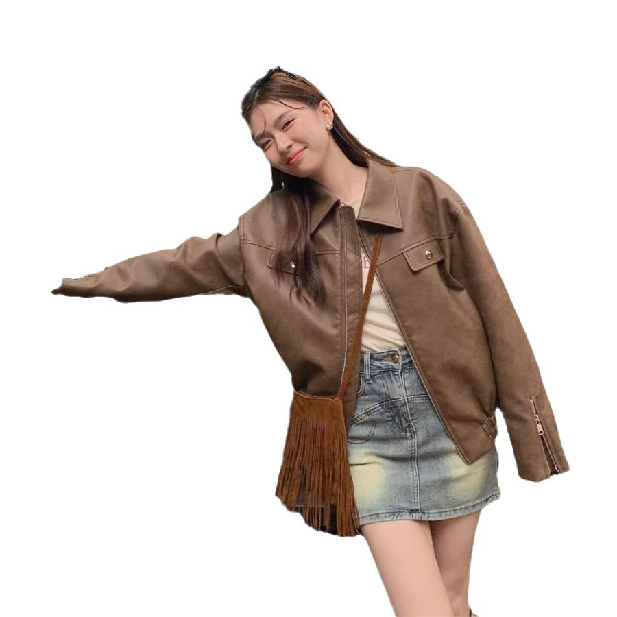 Women's Casual American Retro Solid Color Loose Leather Coat - Image 3