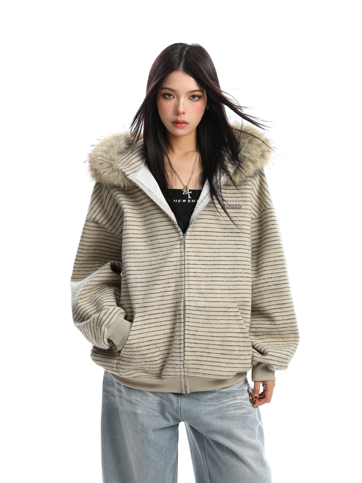 American Striped Detachable Big Fur Collar Hooded Sweater - Image 8