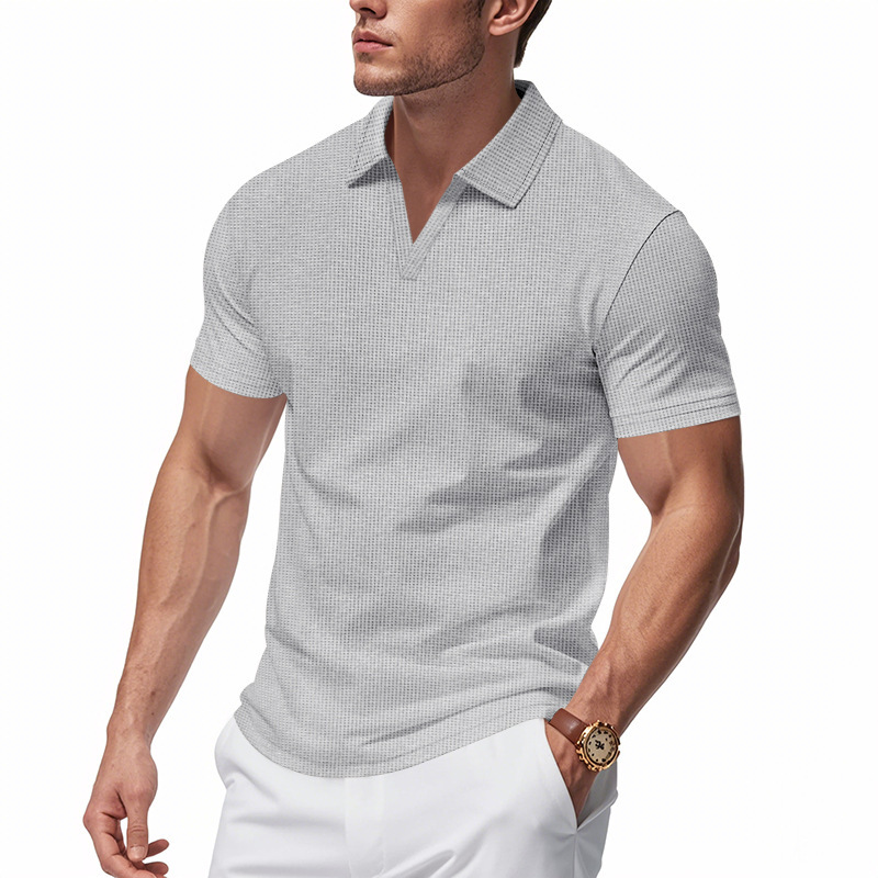 Summer Men's Loose Leisure Sports V-neck Waffle Short Sleeve Lapel Polo Shirt Men - Image 7