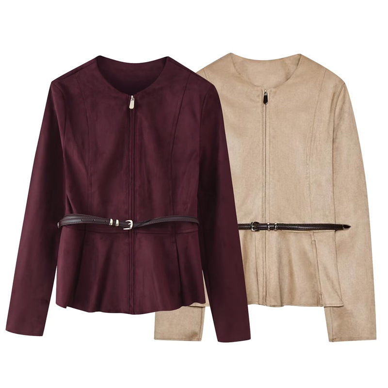 Women's Belt Suede Short Skirt Hem Jacket - Image 2