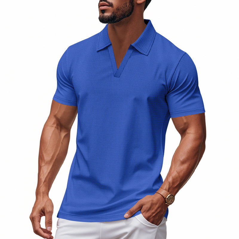 Summer Men's Loose Leisure Sports V-neck Waffle Short Sleeve Lapel Polo Shirt Men - Image 2