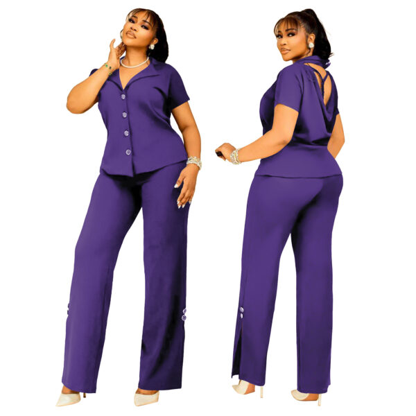 Short Sleeve Button Solid Color Backless Loose Two-piece Suit - Image 4