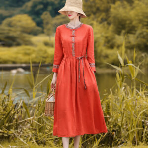 Vintage Artistic Long Sleeve Round Neck Cotton And Linen Dress Women's Lace-up Cinched Patchwork Midi Dress