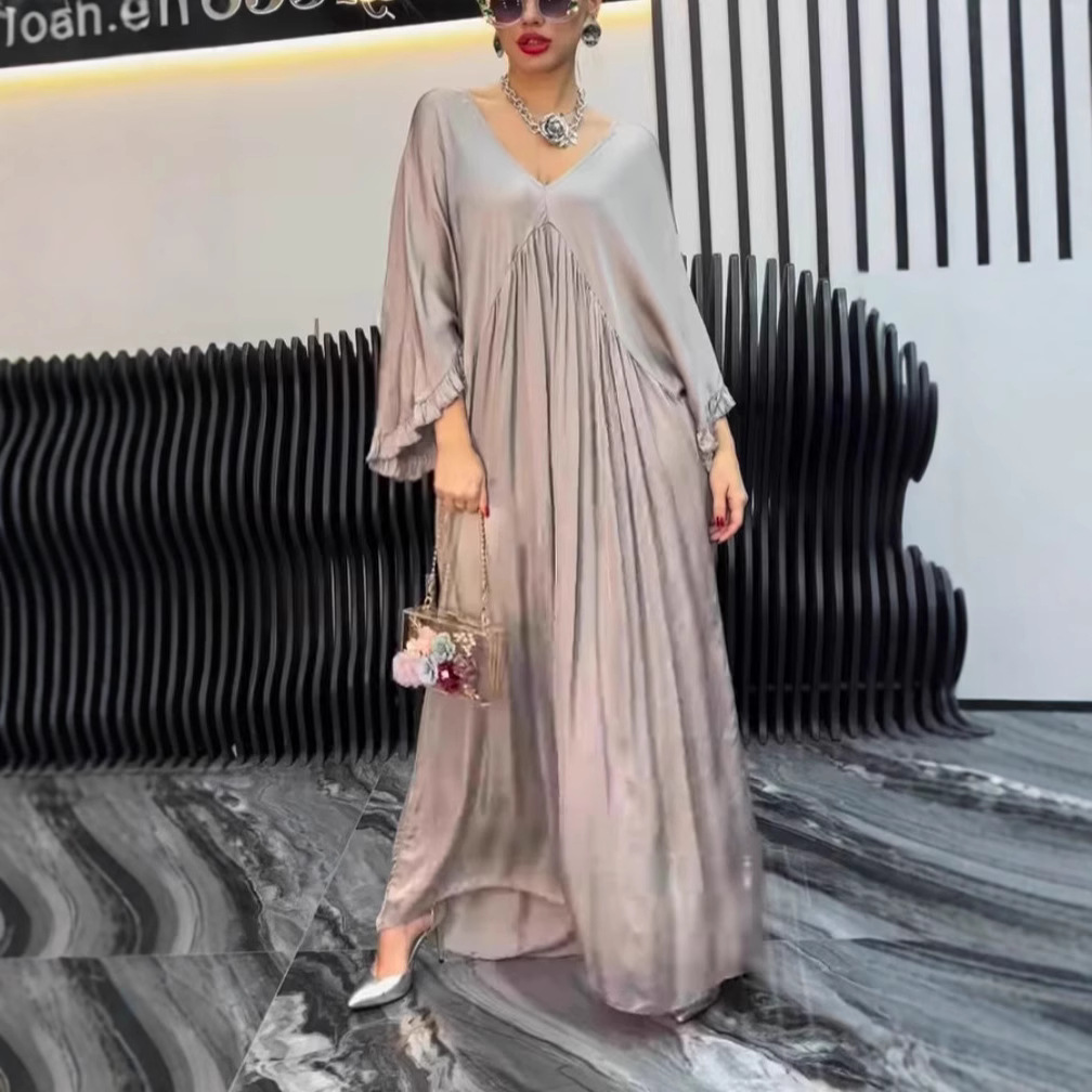 Fashion Casual Satin Ruffle Sleeve Pleated Dress Long Dress - Image 3