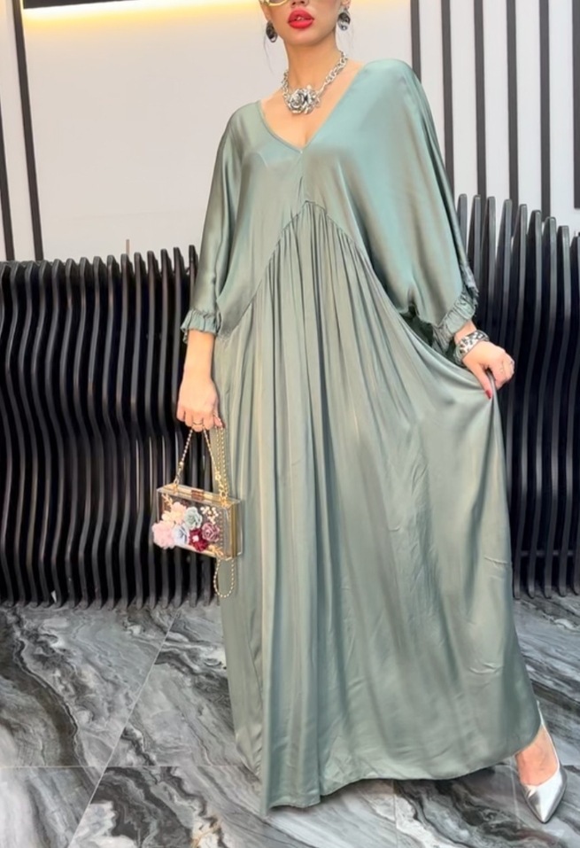 Fashion Casual Satin Ruffle Sleeve Pleated Dress Long Dress - Image 4