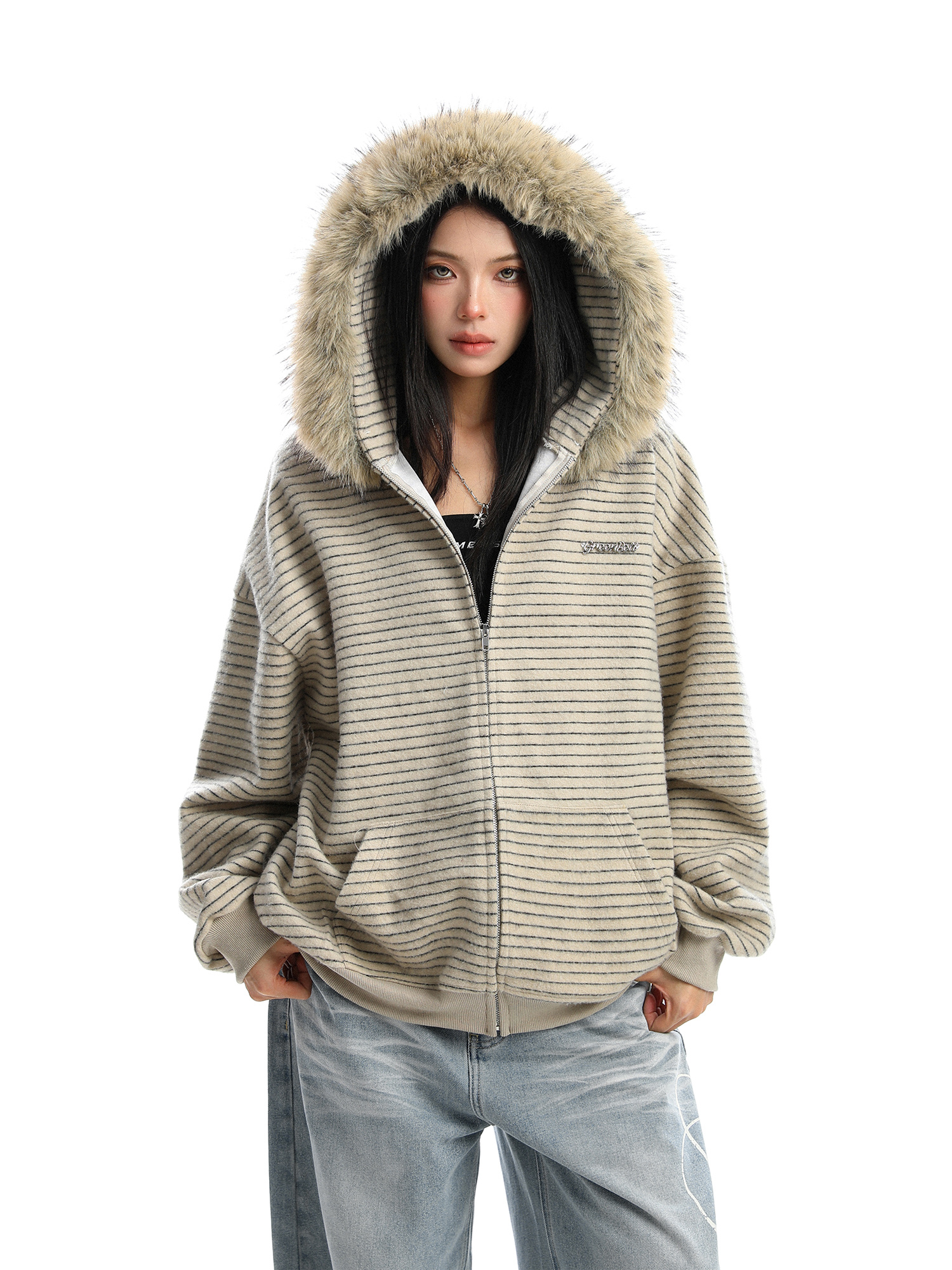 American Striped Detachable Big Fur Collar Hooded Sweater - Image 5