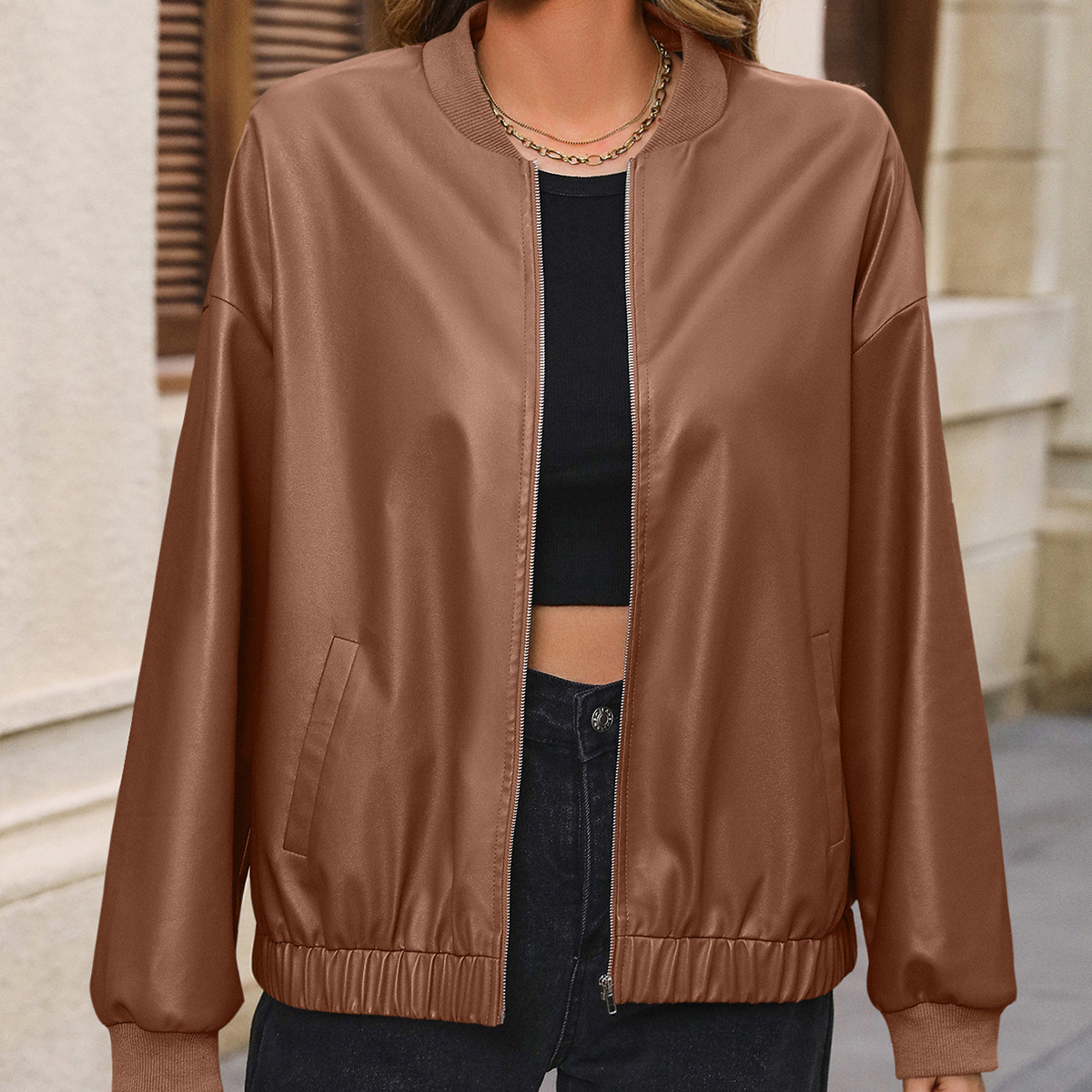 Women's Solid Color European And American Leisure Short Leather Jacket - Image 6