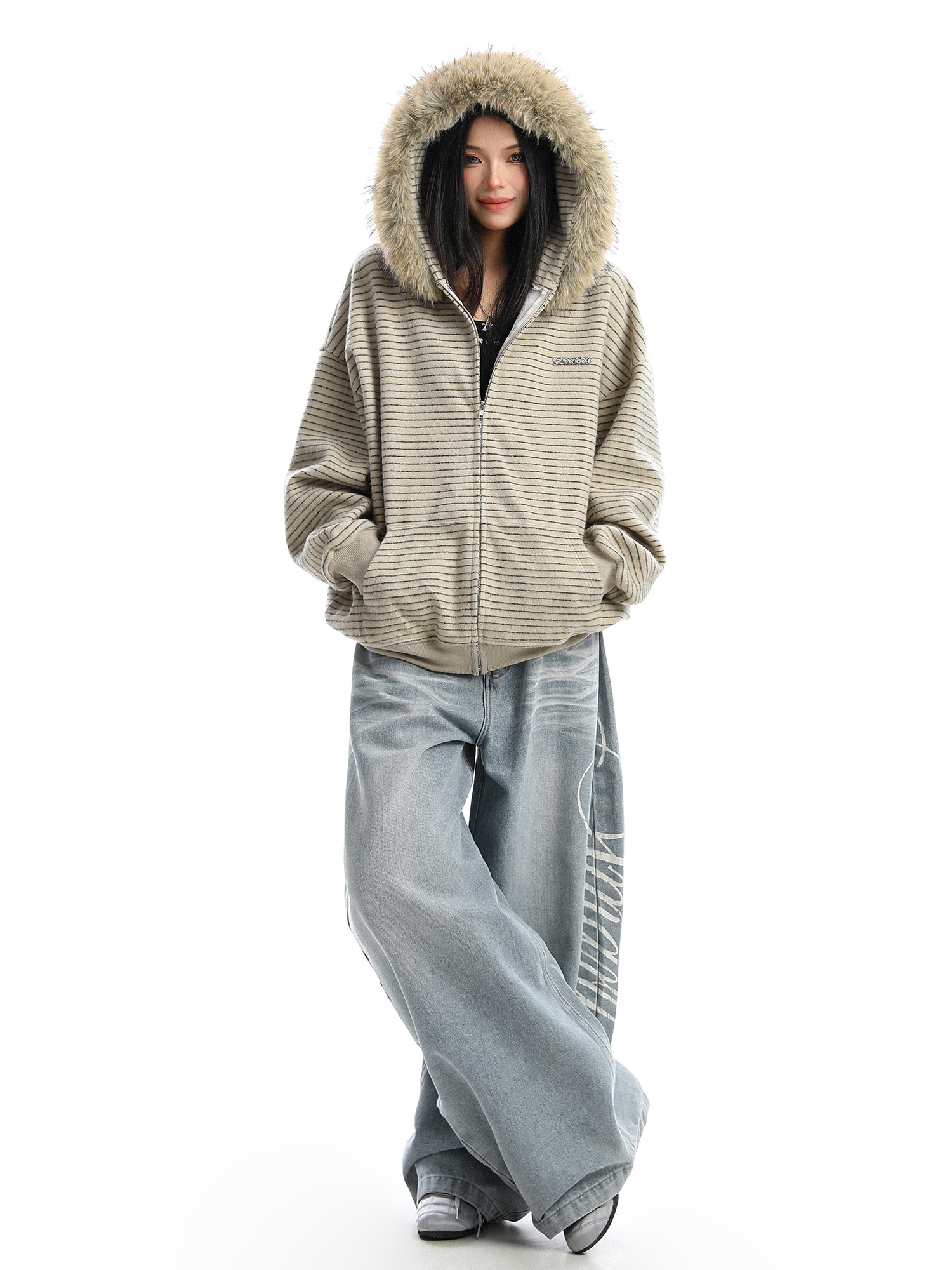 American Striped Detachable Big Fur Collar Hooded Sweater - Image 3