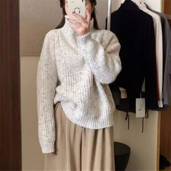 Half Zipper And Lapel Sweater Women's Knitted Blouse - Image 6
