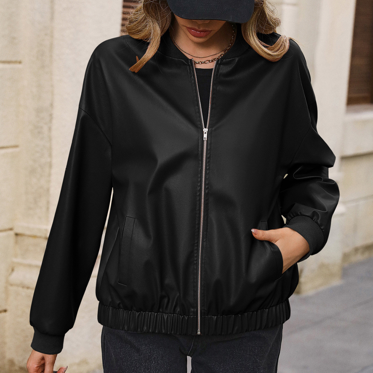 Women's Solid Color European And American Leisure Short Leather Jacket - Image 2