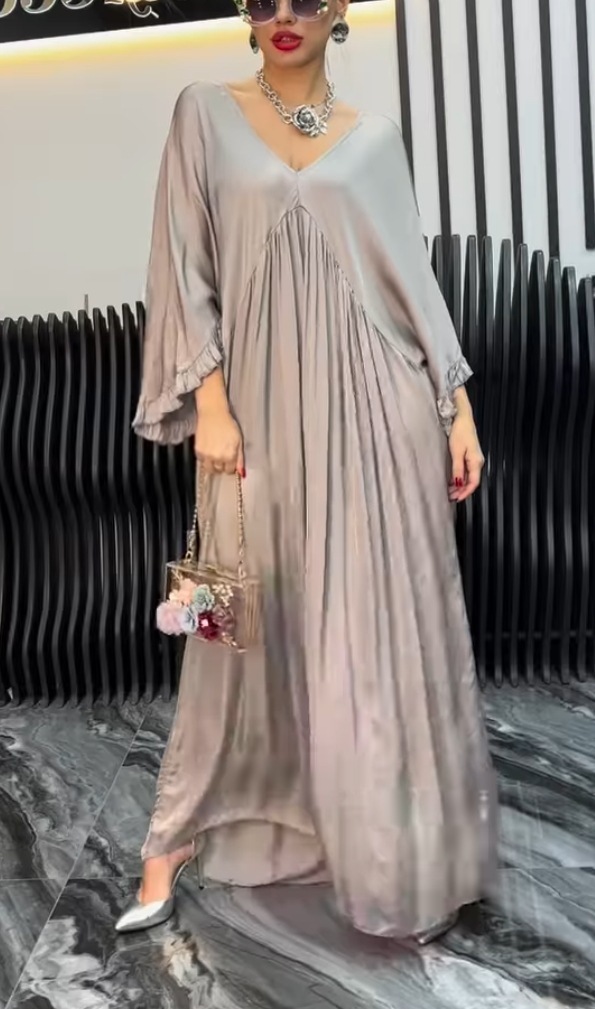 Fashion Casual Satin Ruffle Sleeve Pleated Dress Long Dress - Image 5