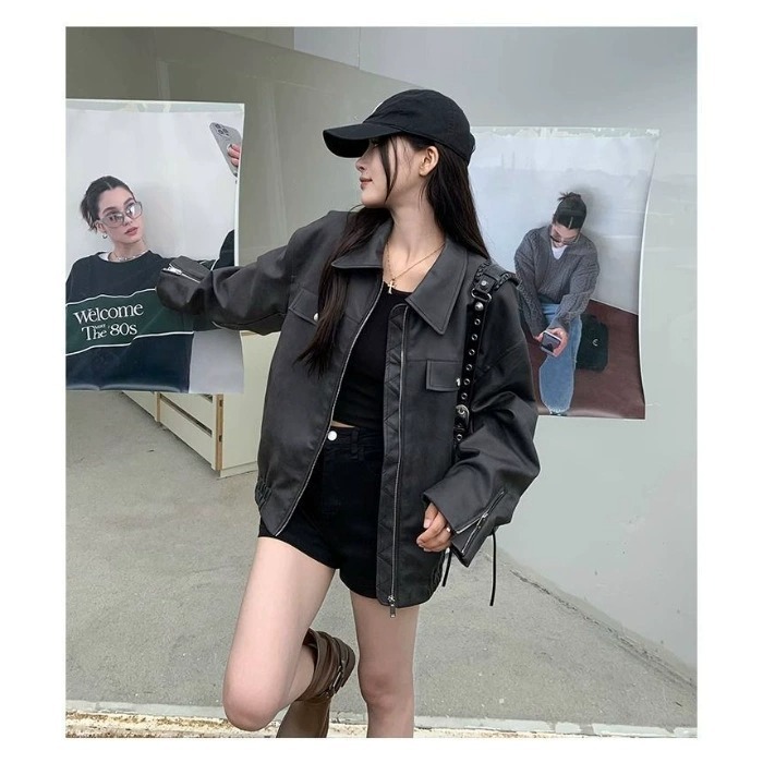 Women's Casual American Retro Solid Color Loose Leather Coat - Image 5