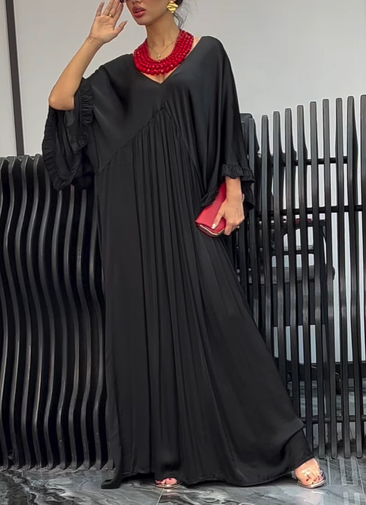 Fashion Casual Satin Ruffle Sleeve Pleated Dress Long Dress - Image 2