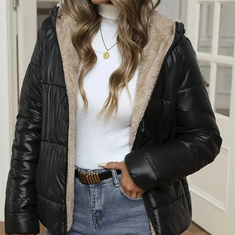 Brushed And Quilted Warm Hooded Cotton-padded Coat - Image 2