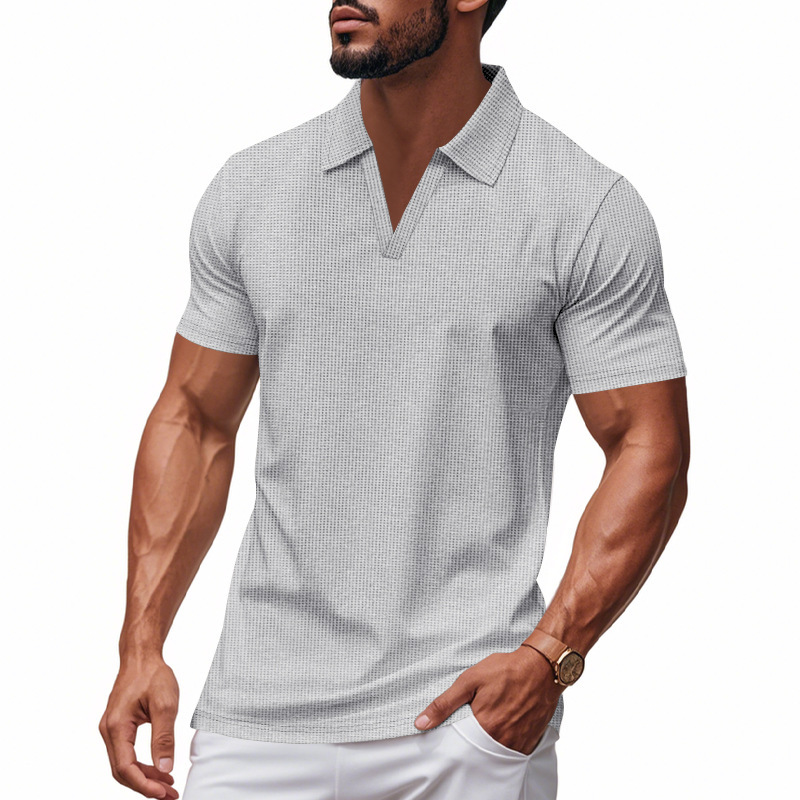 Summer Men's Loose Leisure Sports V-neck Waffle Short Sleeve Lapel Polo Shirt Men - Image 3