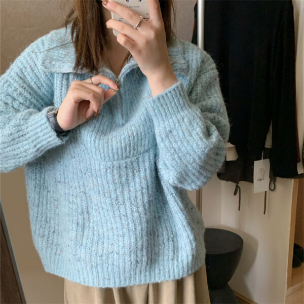 Half Zipper And Lapel Sweater Women's Knitted Blouse - Image 5