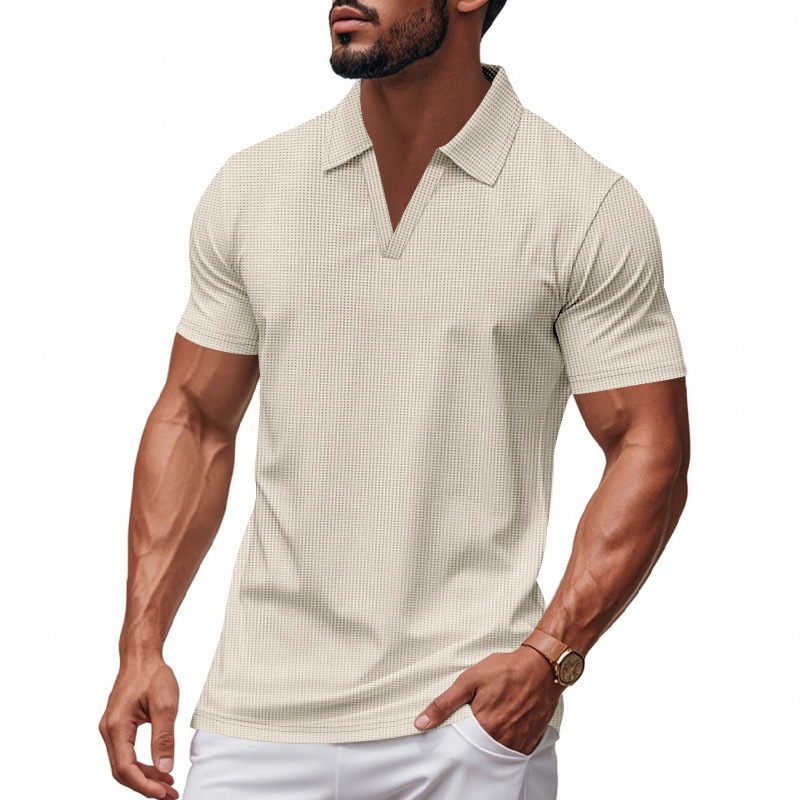 Summer Men's Loose Leisure Sports V-neck Waffle Short Sleeve Lapel Polo Shirt Men - Image 6