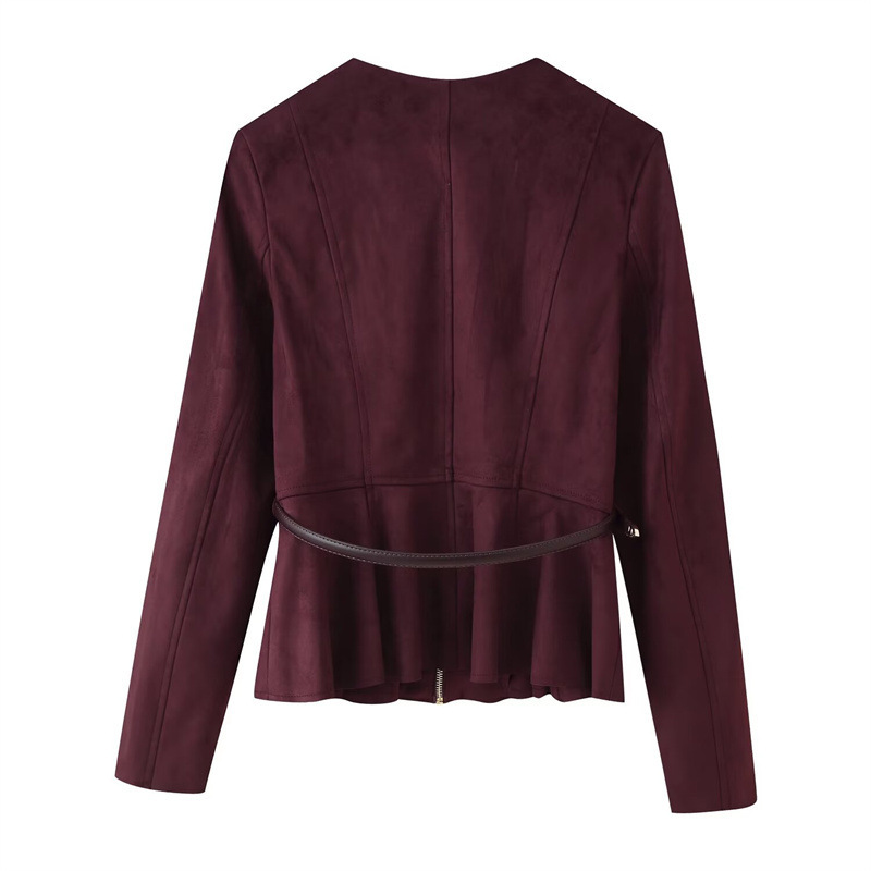 Women's Belt Suede Short Skirt Hem Jacket - Image 5