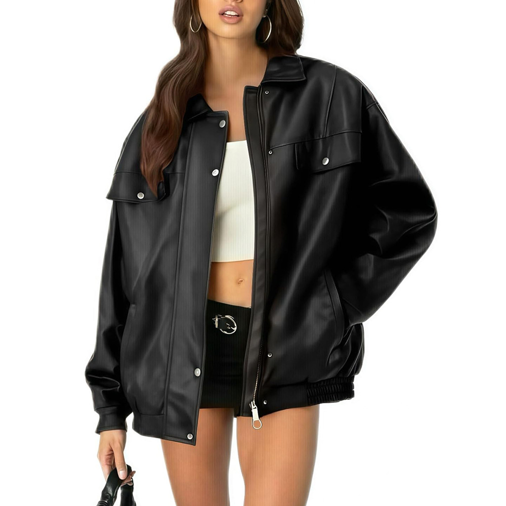 Women's Leather Jacket Loose Long Sleeve Lapel Motorcycle Jacket - Image 2