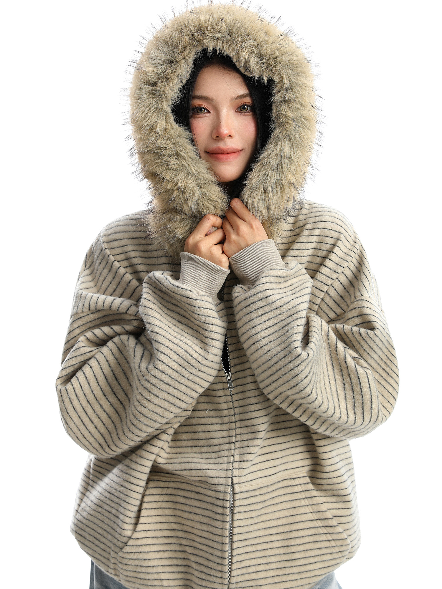 American Striped Detachable Big Fur Collar Hooded Sweater - Image 6