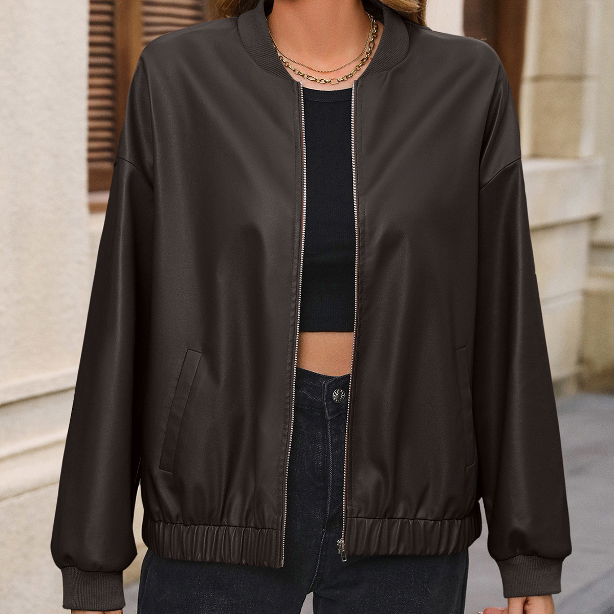 Women's Solid Color European And American Leisure Short Leather Jacket - Image 9