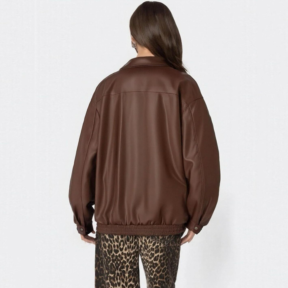 Women's Leather Jacket Loose Long Sleeve Lapel Motorcycle Jacket - Image 4