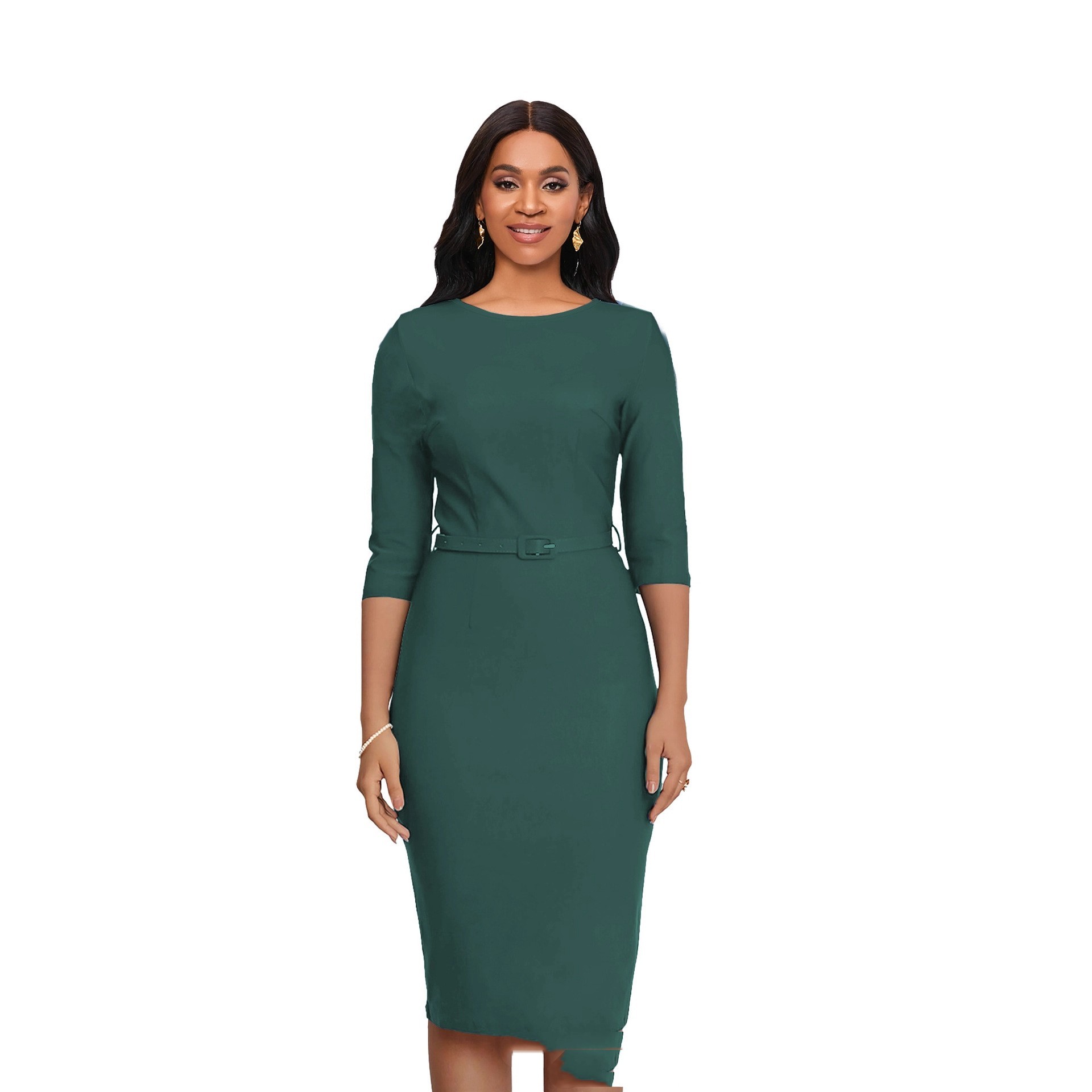 Round Neck Sheath And Fitted Waist Belt Slimming Dress - Image 5