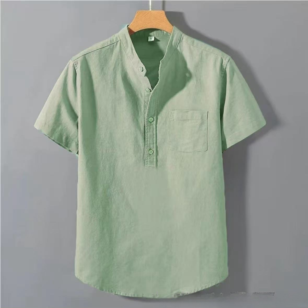 Casual Stand Collar Short Sleeve Solid Color Slub Linen Shirt Top - Image 2