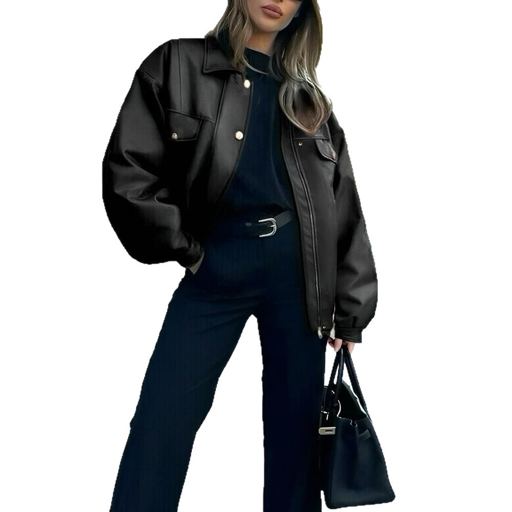 Women's Leather Jacket Loose Long Sleeve Lapel Motorcycle Jacket - Image 3