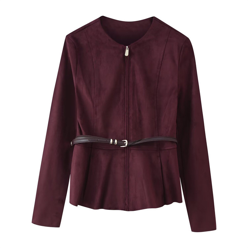 Women's Belt Suede Short Skirt Hem Jacket - Image 3