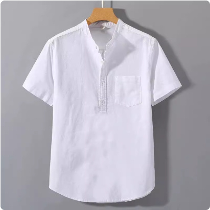 Casual Stand Collar Short Sleeve Solid Color Slub Linen Shirt Top - Image 7