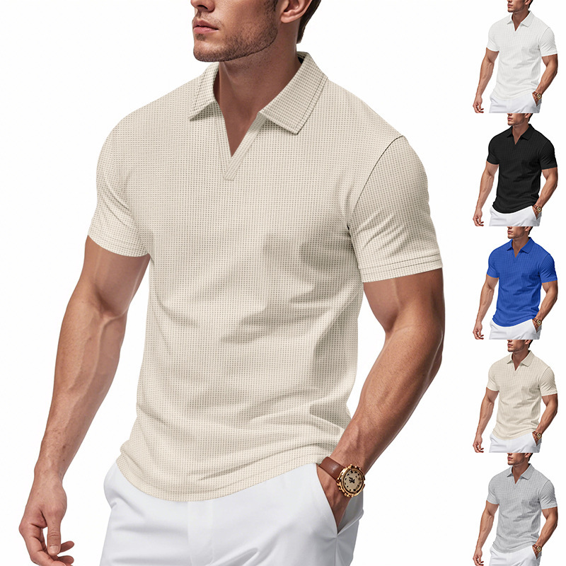 Summer Men's Loose Leisure Sports V-neck Waffle Short Sleeve Lapel Polo Shirt Men