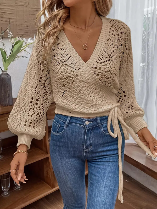Solid Color And V-neck Lace-up Elegant Lantern Sleeve Long Sleeve - Image 6