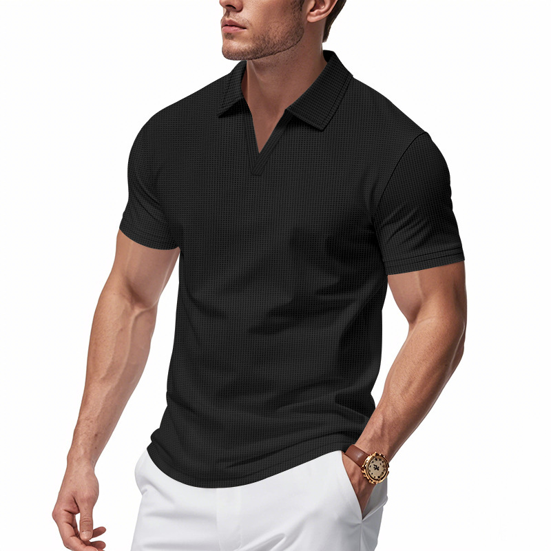 Summer Men's Loose Leisure Sports V-neck Waffle Short Sleeve Lapel Polo Shirt Men - Image 9