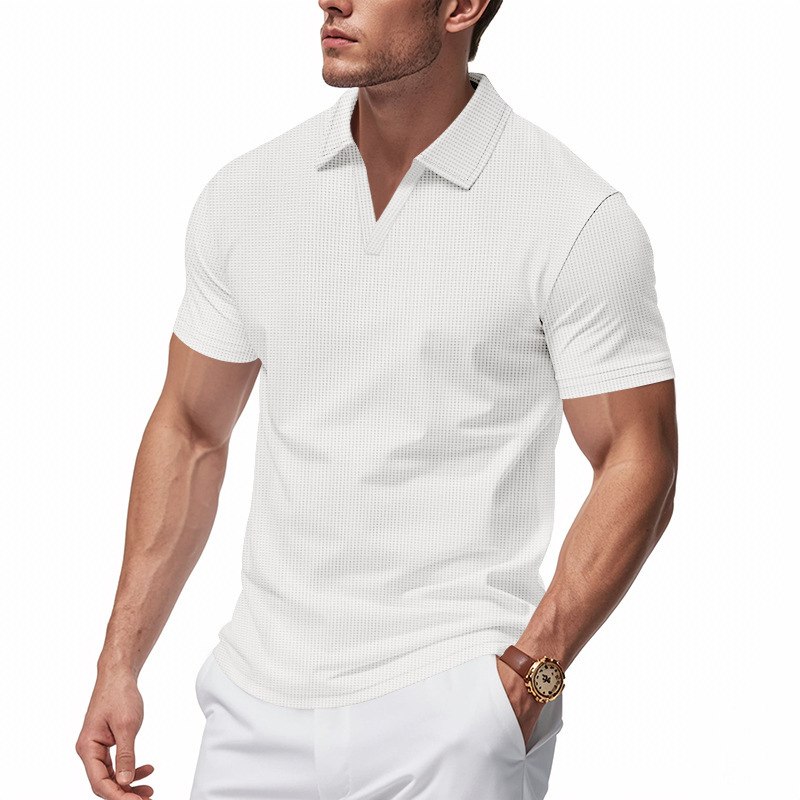 Summer Men's Loose Leisure Sports V-neck Waffle Short Sleeve Lapel Polo Shirt Men - Image 8