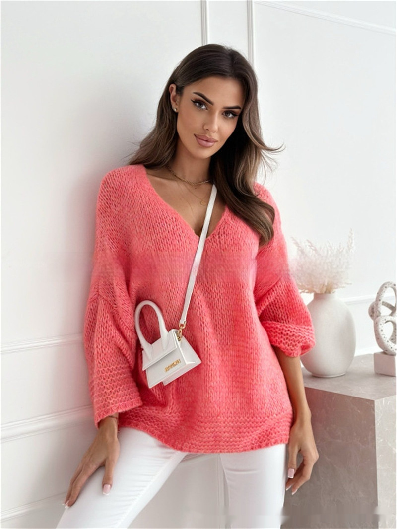 Loose And Idle Pullover Sweater V-neck Excellent Long Sleeve Top - Image 5