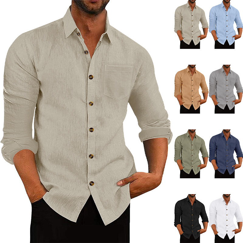 Men's Polo Collar Solid Color Long Sleeve Shirt Linen Loose Casual Cardigan - Image 9