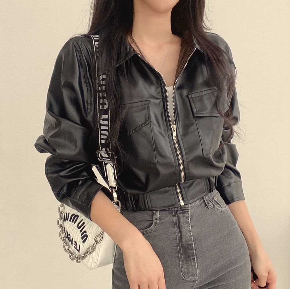 Double Pocket Lapel Leather Coat Leather Jacket Coat - Image 5