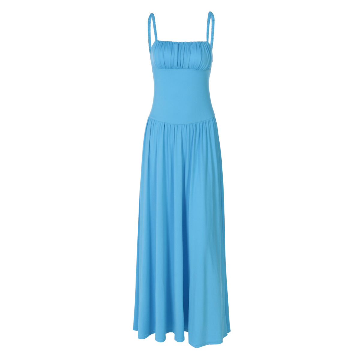 Off-neck Pleated Stitching High Waist Slimming Solid Color Sling Dress - Image 5