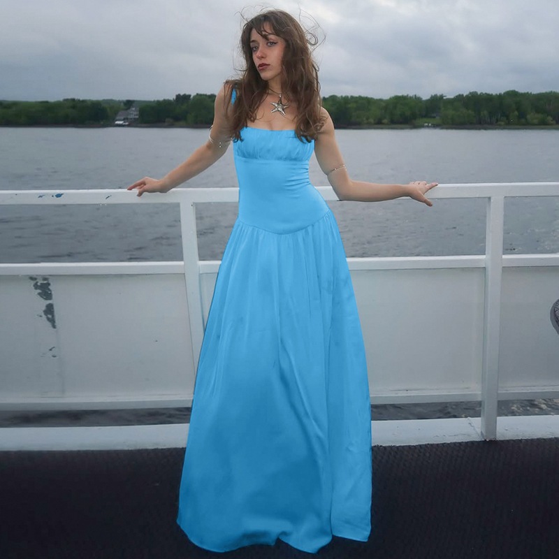 Off-neck Pleated Stitching High Waist Slimming Solid Color Sling Dress - Image 4