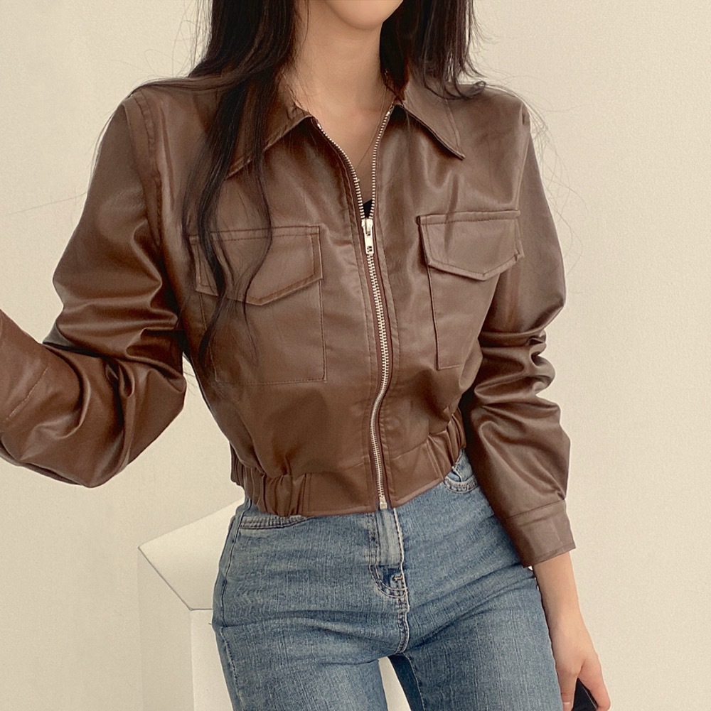 Double Pocket Lapel Leather Coat Leather Jacket Coat - Image 3