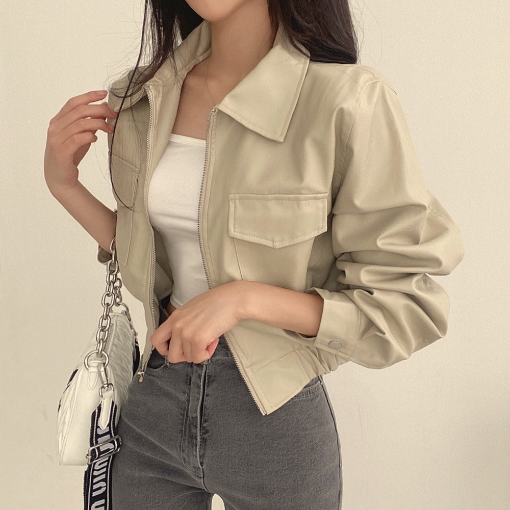 Double Pocket Lapel Leather Coat Leather Jacket Coat - Image 4