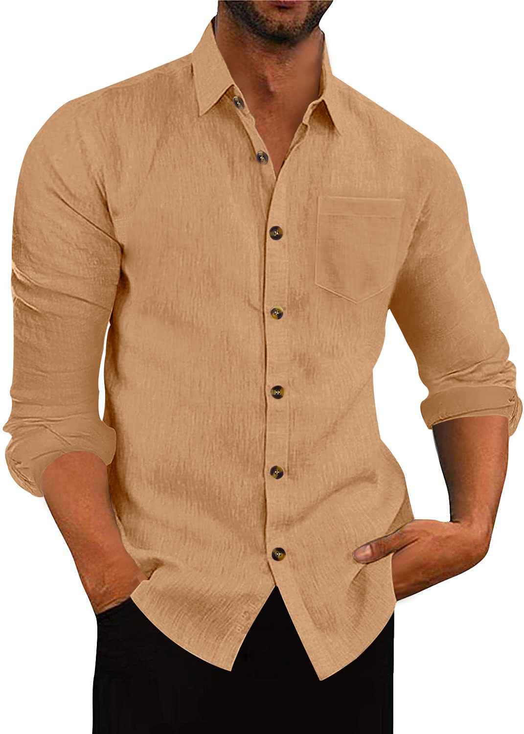 Men's Polo Collar Solid Color Long Sleeve Shirt Linen Loose Casual Cardigan - Image 7