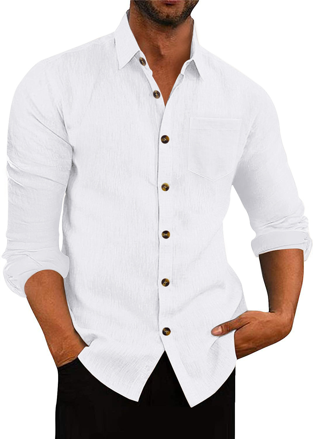 Men's Polo Collar Solid Color Long Sleeve Shirt Linen Loose Casual Cardigan - Image 3