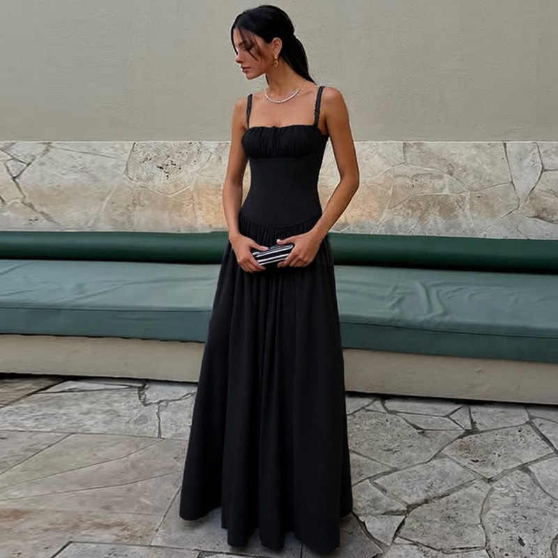 Off-neck Pleated Stitching High Waist Slimming Solid Color Sling Dress - Image 6