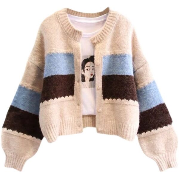 Short Spring And Autumn Knitted Retro College Style Round Neck Sweater - Image 3
